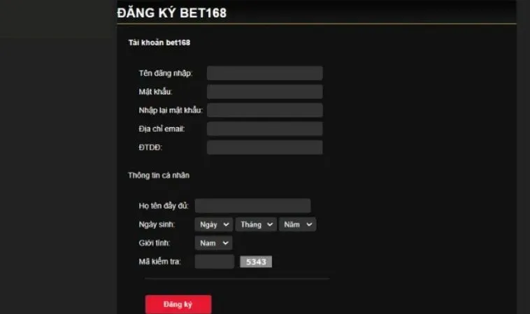 Giao diện Đăng Ký Bet168VN
