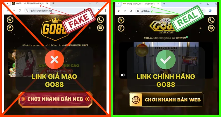 Link thật Go88.com không yêu cầu nhập mật khẩu hay OTP ở các trang trung gian, còn link giả Go88.com thường tạo form giả mạo.